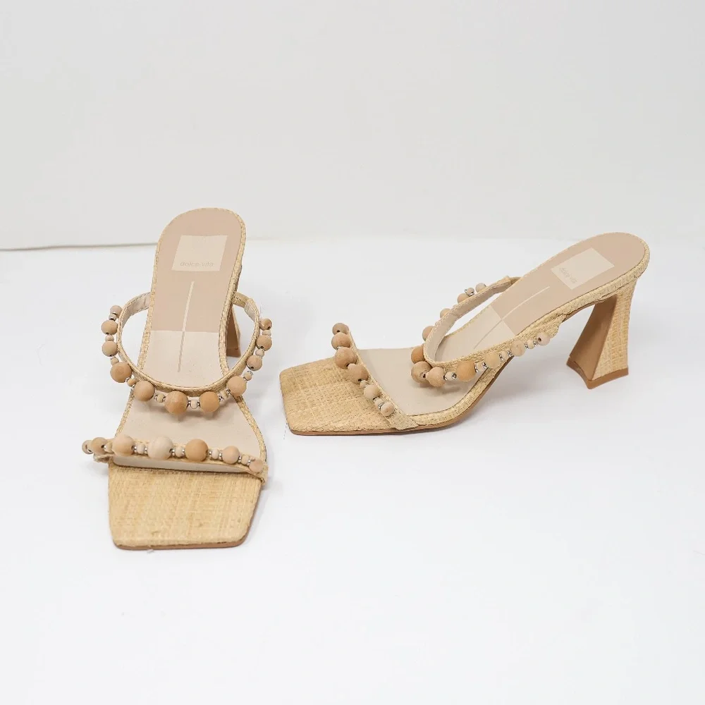 NEW Dolce Vita Wood Beaded Embellished Straw Raffia Woven Heel Sandals Shoes 8 - Picture 1 of 4